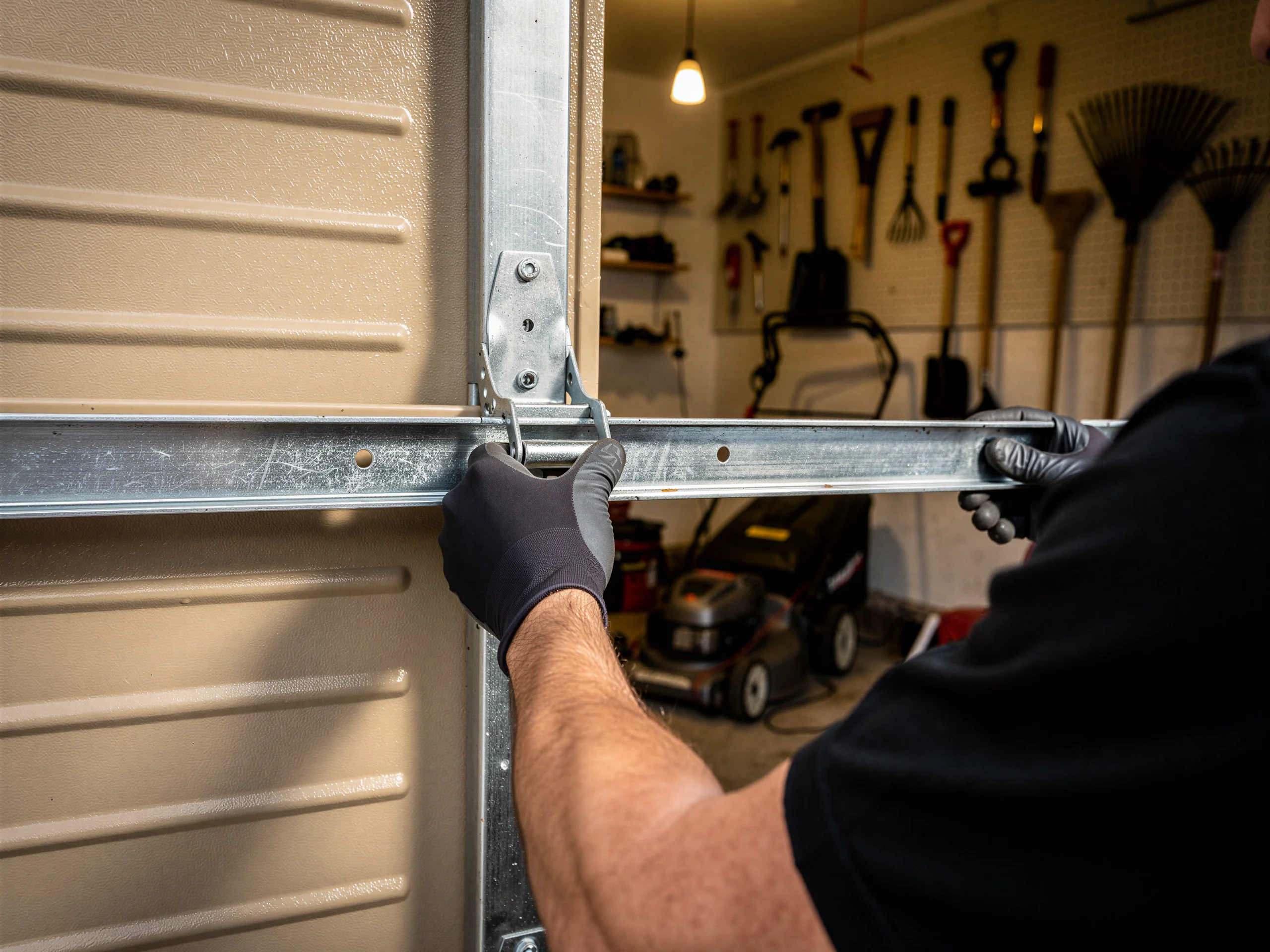 A technician in black gloves installs a metal strut on a tan garage door.