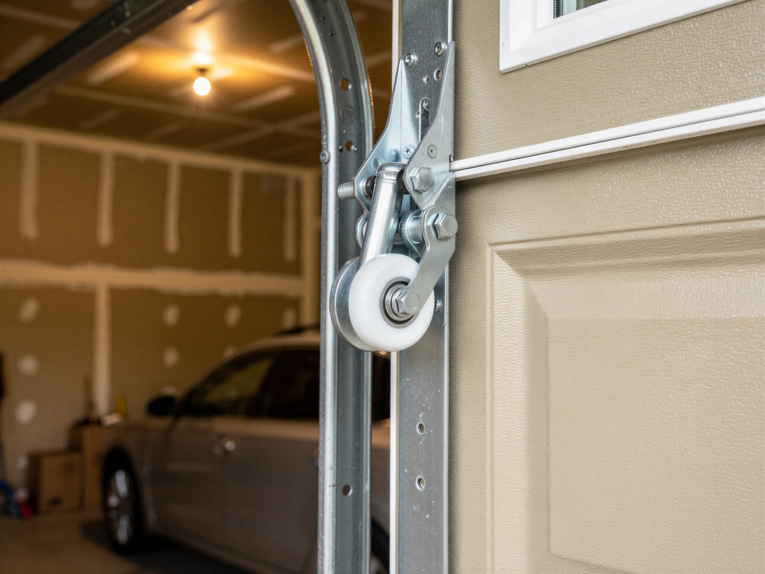 A garage door roller and track are visible with a car in the background.