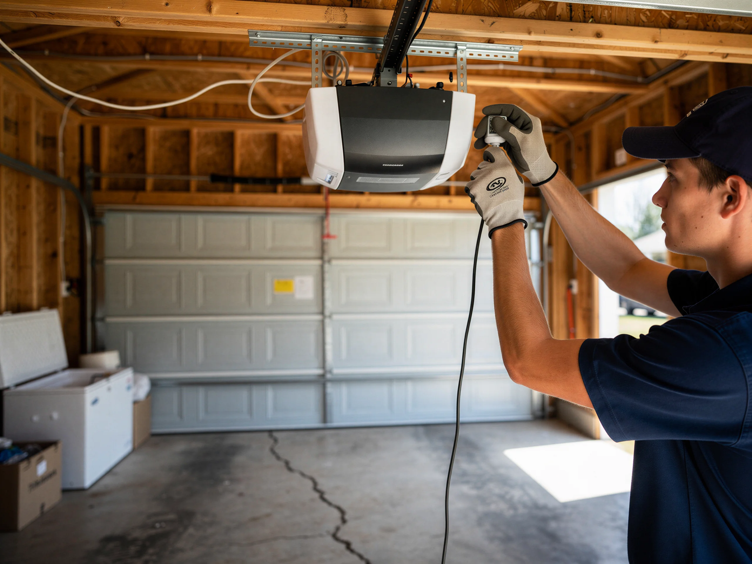 A technician in gloves installs a garage door opener in a garage.